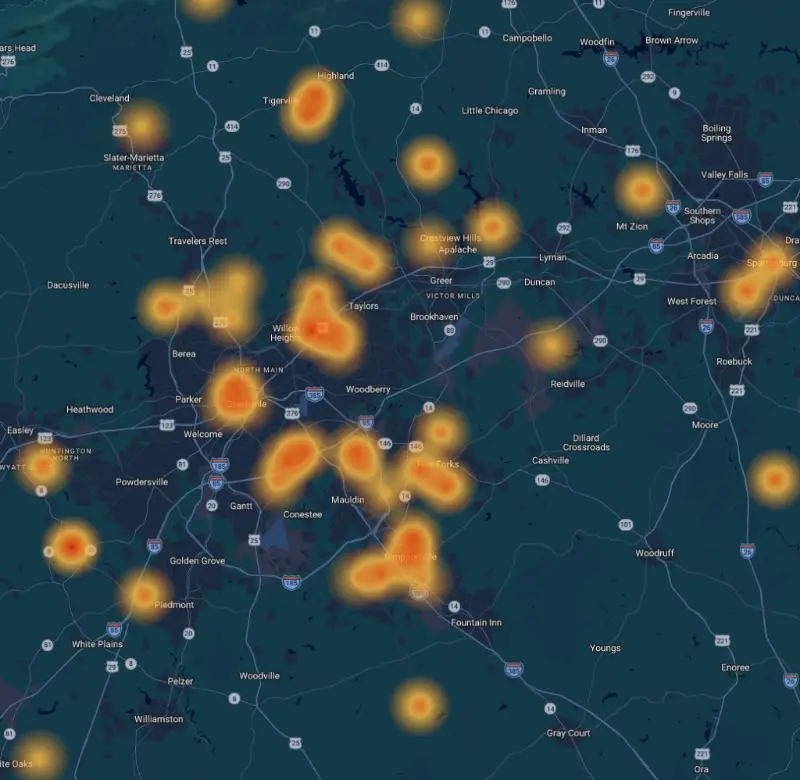 Heat map of Detail Solar installs across the Upstate