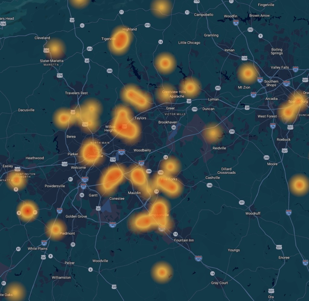 Heat map of Detail Solar installs across the Upstate
